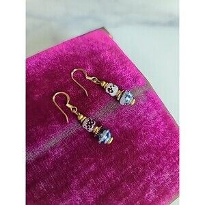 Blue And Gold Tone Metal Beaded Dangling Earrings Vintage, READ Fair Condition